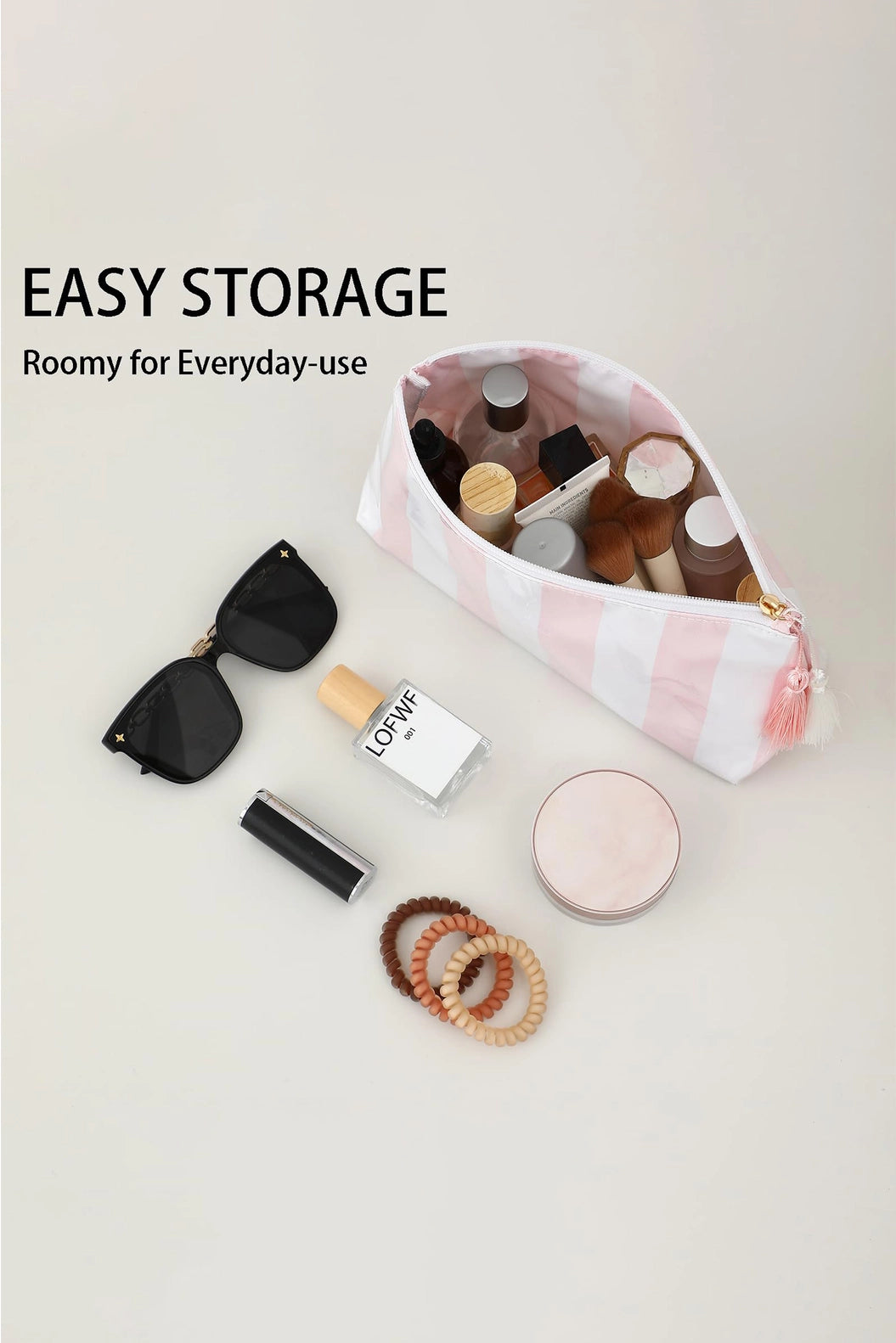 Makeup Bag, Striped Pink and White