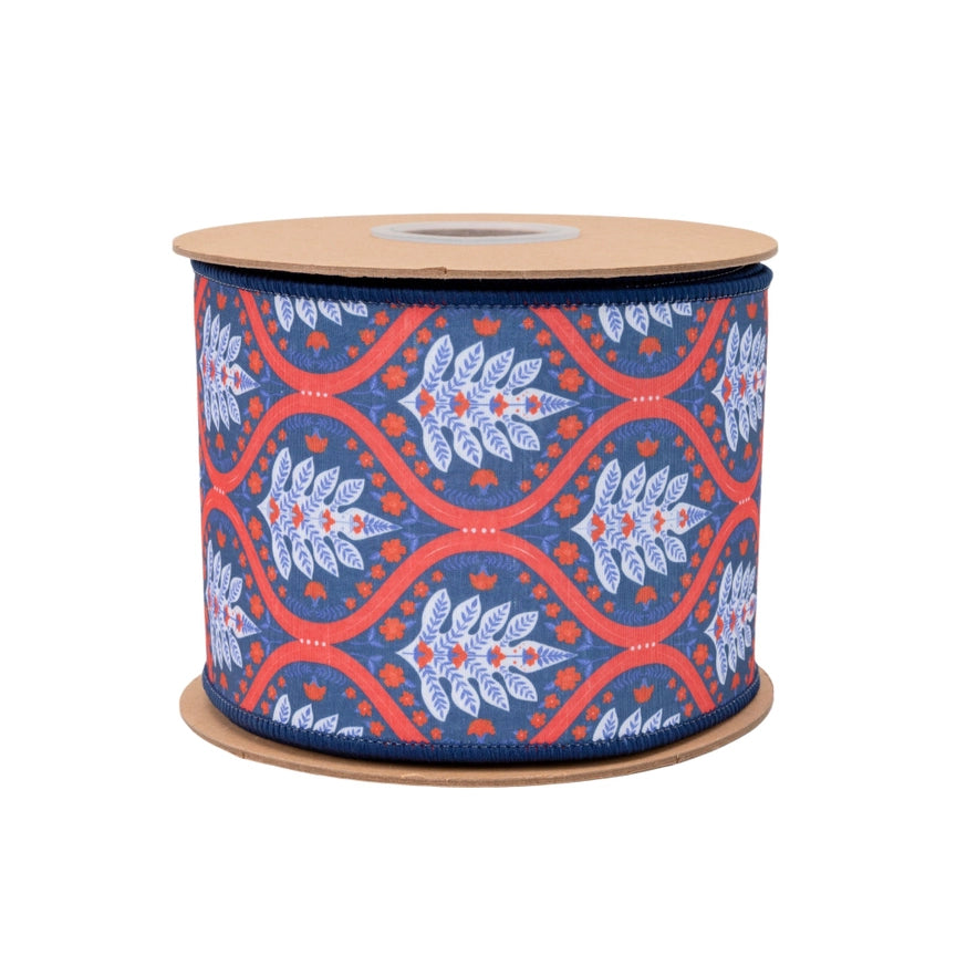 4" Wired Dupioni Ribbon | Red/White/Blue Flame w/ Blue Backing | 10 Yard Roll