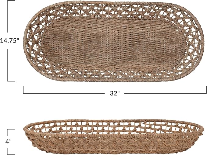 Hand-Woven Rattan Decorative Oval Seagrass and Metal Frame Basket, Natural