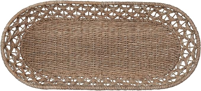 Hand-Woven Rattan Decorative Oval Seagrass and Metal Frame Basket, Natural