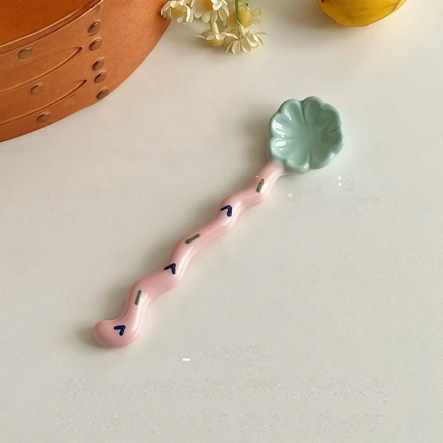 Whimsical Wavy Handle Flower Ceramic Dessert Spoon Set of 4