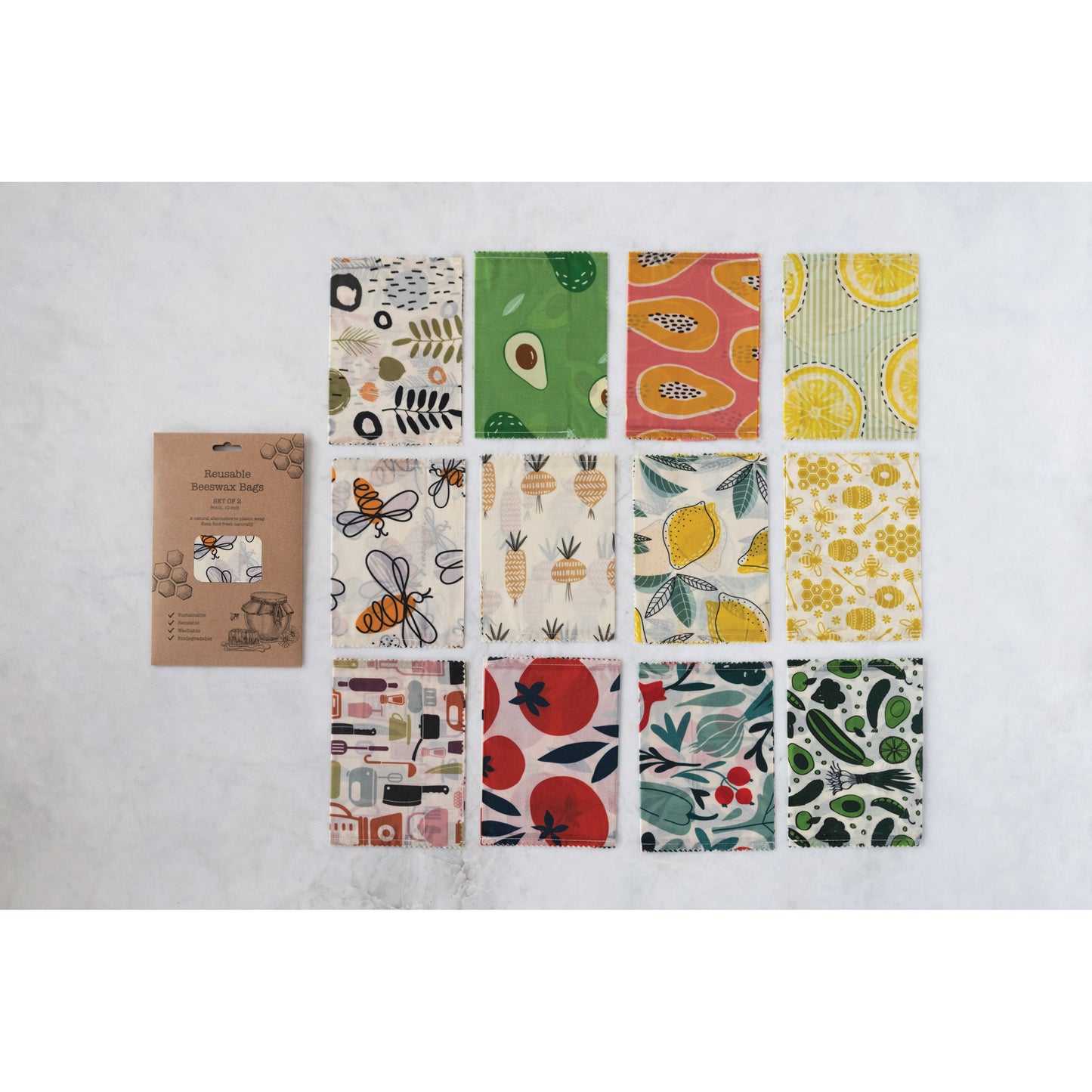 Reusable Fabric Beeswax Food Bags with Prints, Set of 2