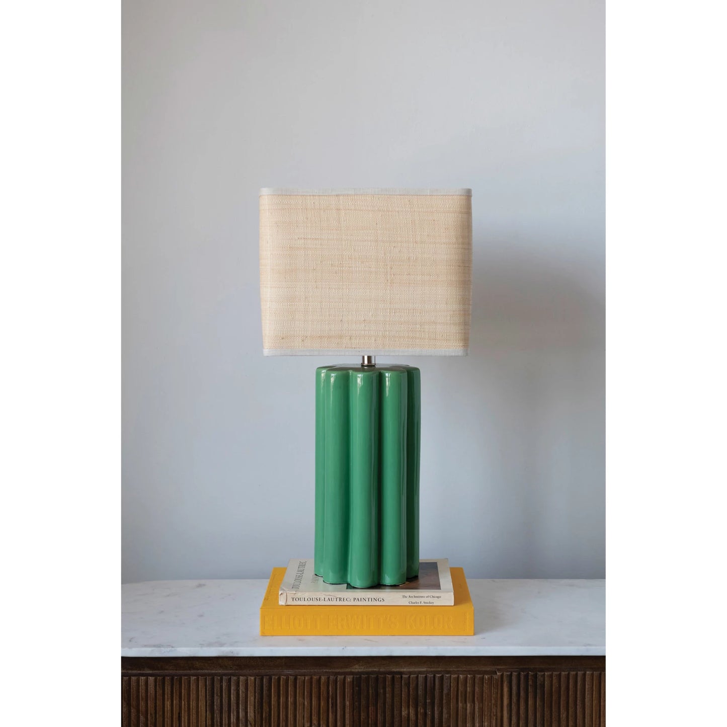 Lamp, Stoneware Fluted with Raffia Shade