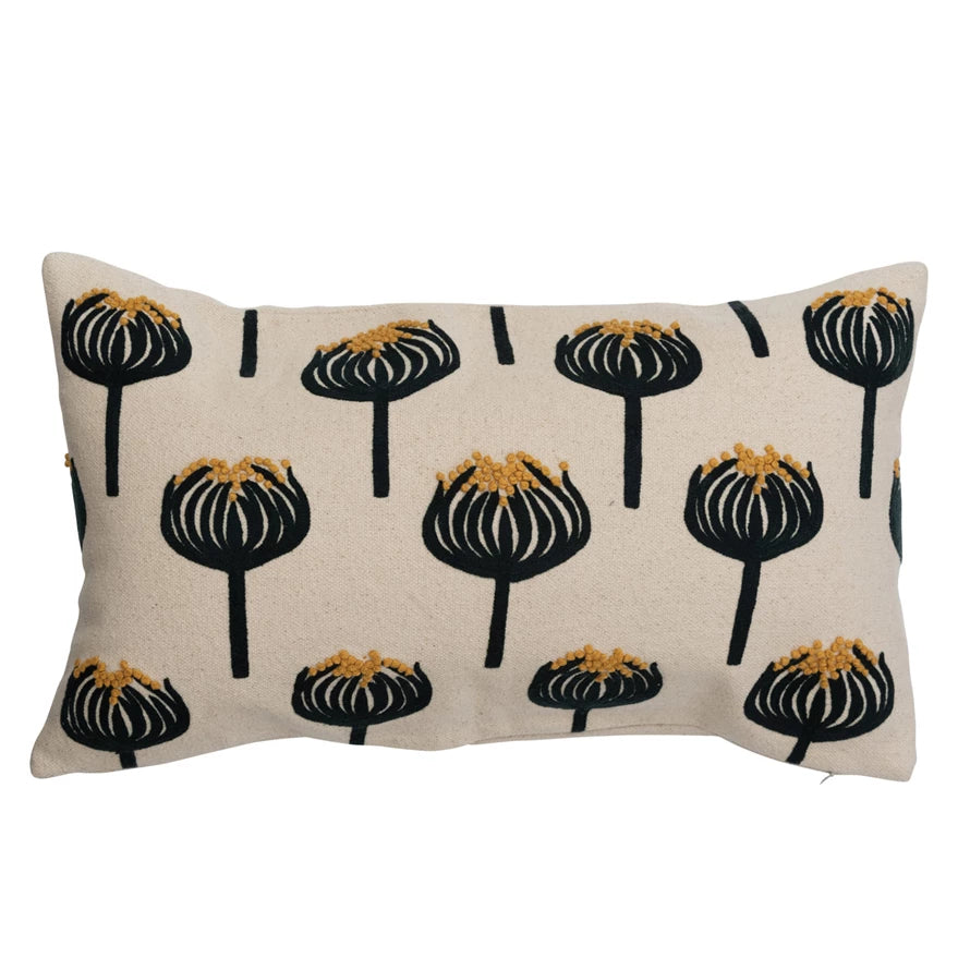 Cotton Lumbar Pillow w/ Flower Embroidery & French Knots