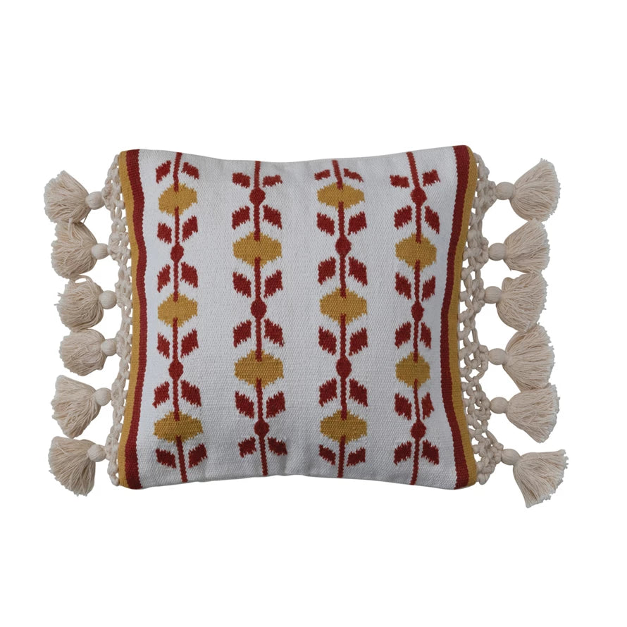 Hand-Woven Cotton & Wool Pillow w/ Embroidery, Crochet & Tassels