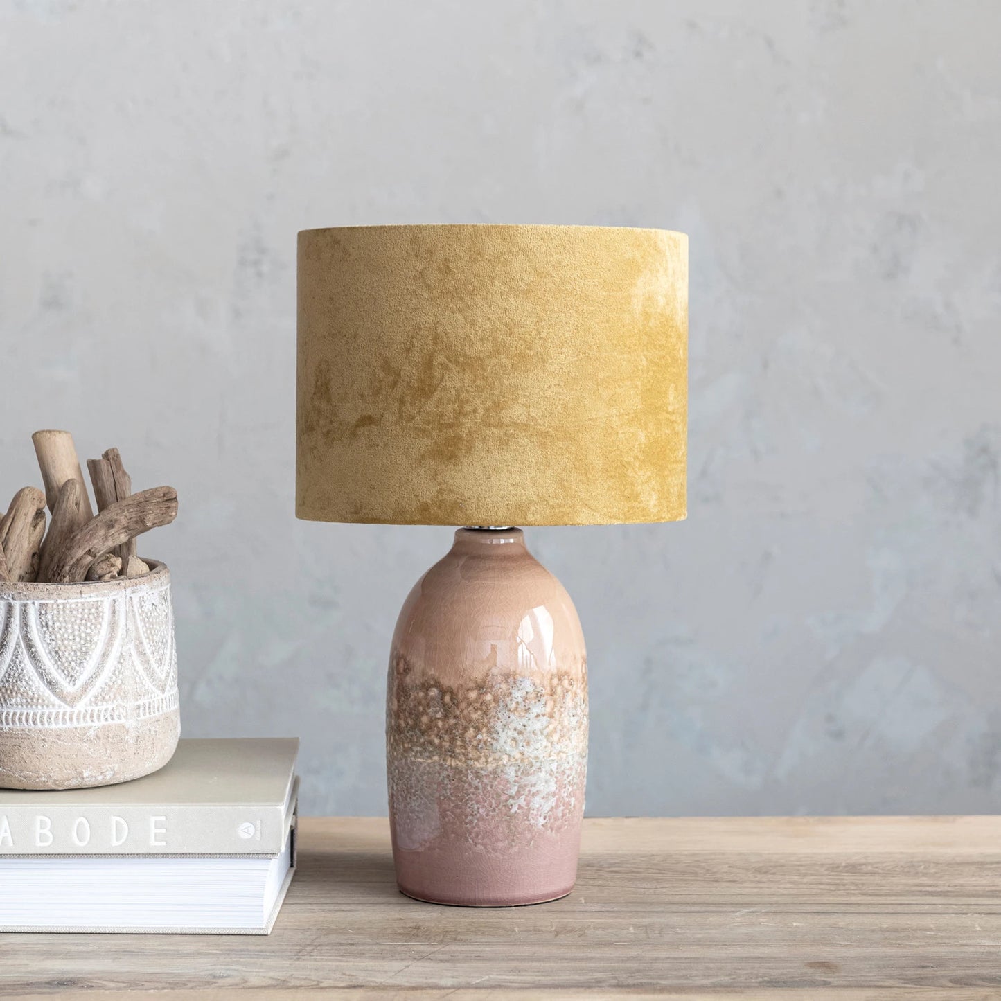 Stoneware Table Lamp w/ Velvet Shade & Inline Switch