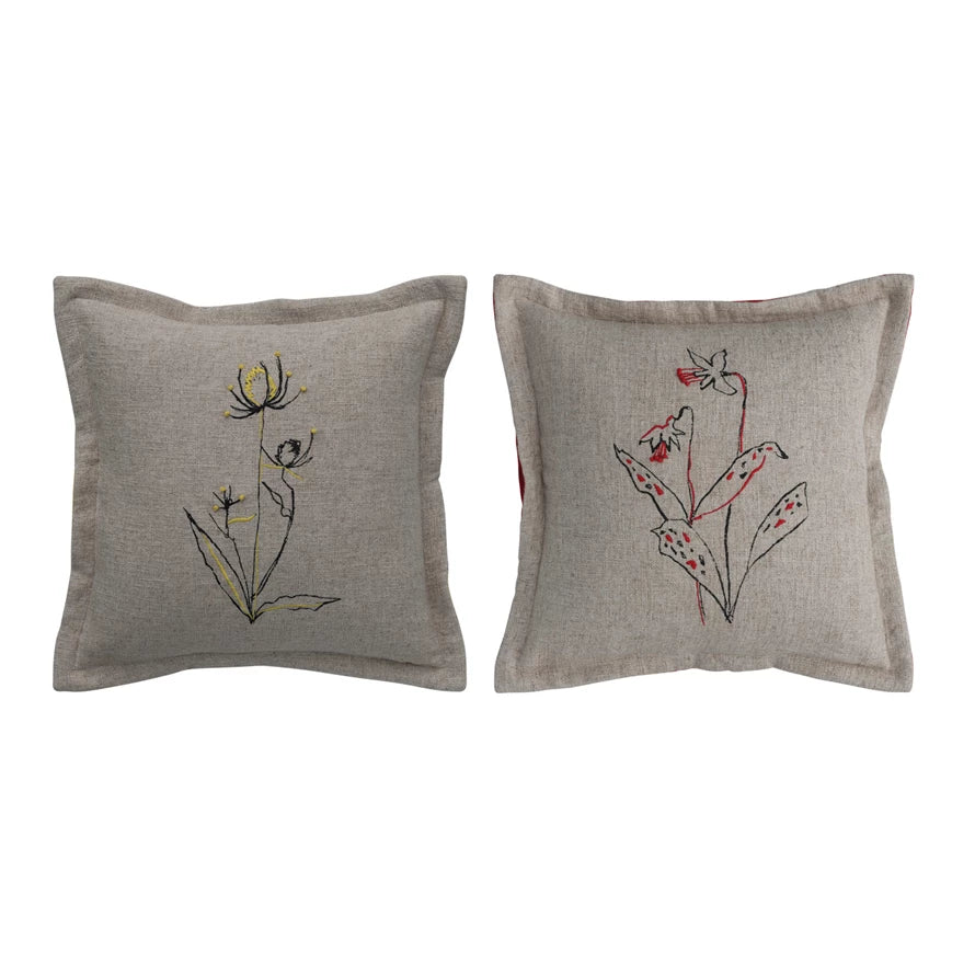 Hand-Embroidered Linen Blend Printed Pillow w/ Flower