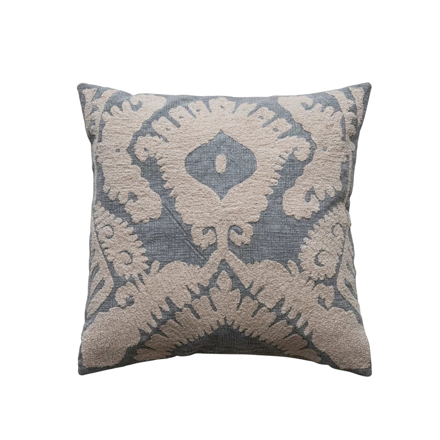 Square Cotton Slub Tufted Pillow w/ Damask Pattern