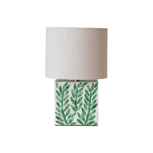 Lamp, MDF & Mother of Pearl w/ Botanical Pattern, Linen Shade