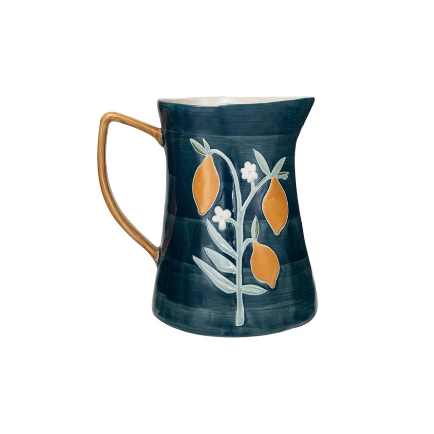 Hand-Painted Stoneware Pitcher w/ Wax Relief Flowers & Lemons