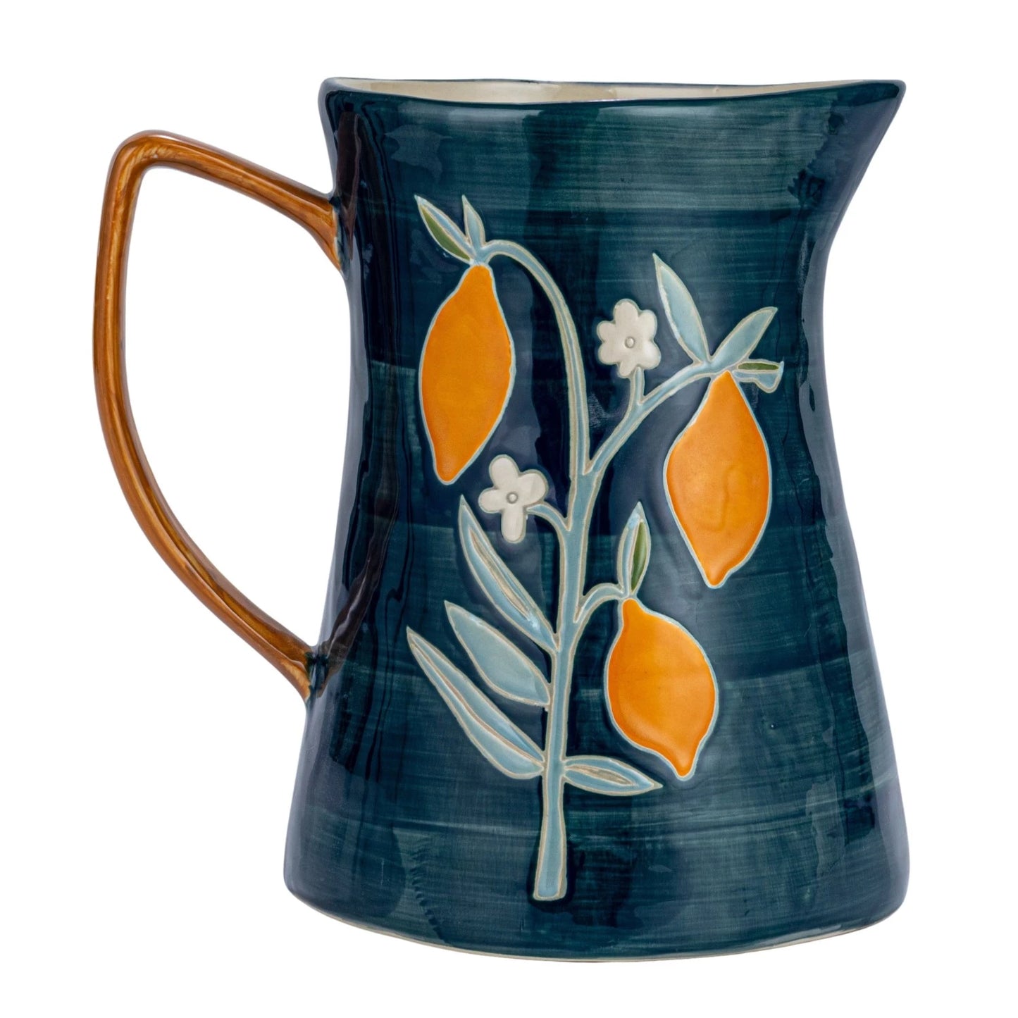 Hand-Painted Stoneware Pitcher w/ Wax Relief Flowers & Lemons