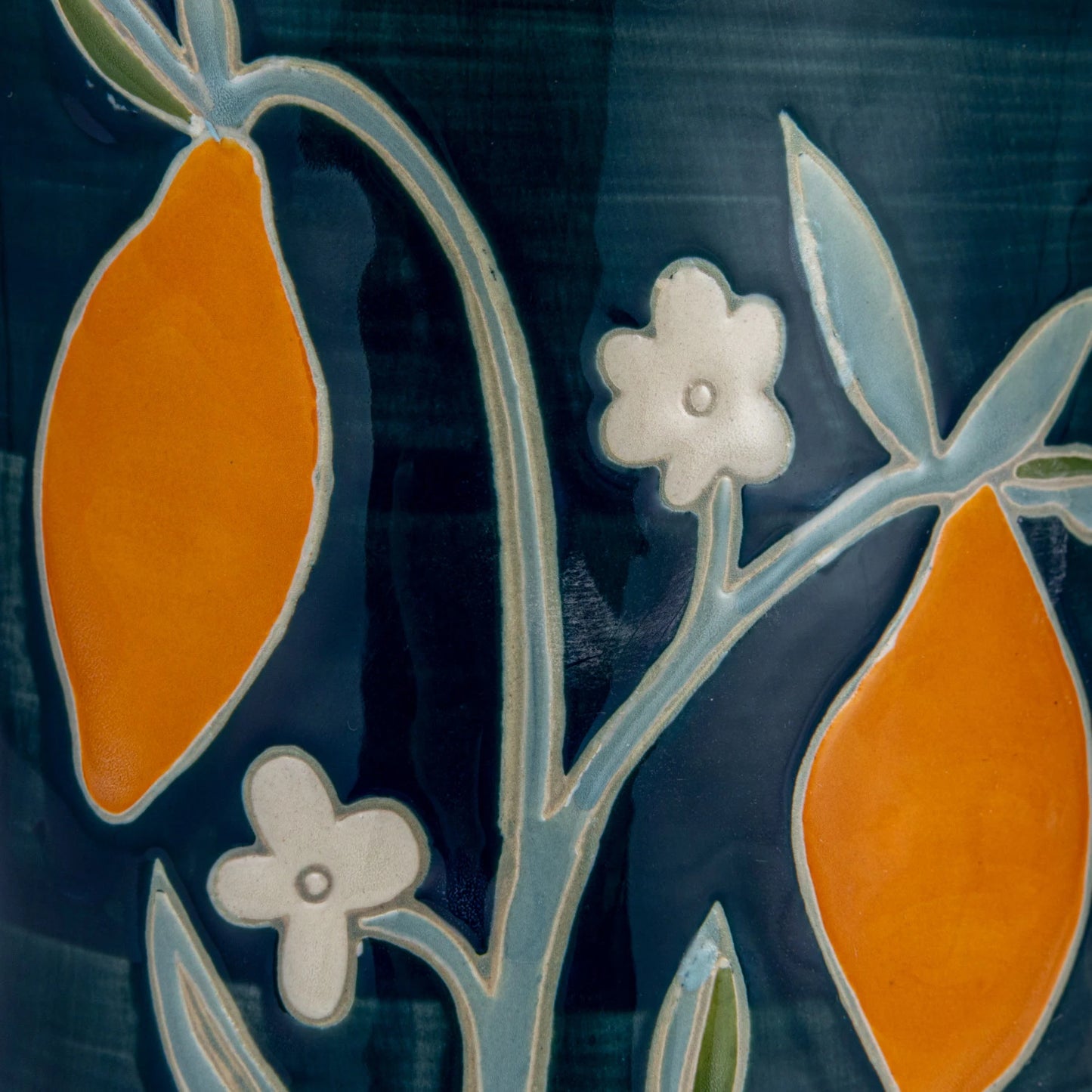 Hand-Painted Stoneware Pitcher w/ Wax Relief Flowers & Lemons