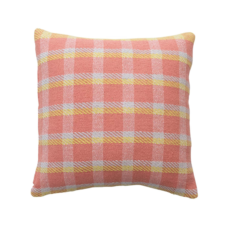 Square Woven Recycled Cotton Pillow, Pink and Yellow Plaid