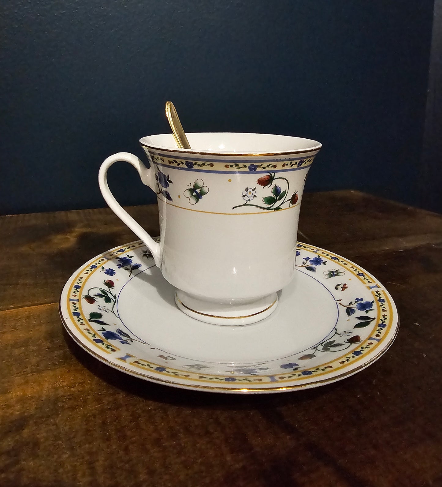Vintage Teapot, Teacup, Saucer and Spoon with Strawberry Vine