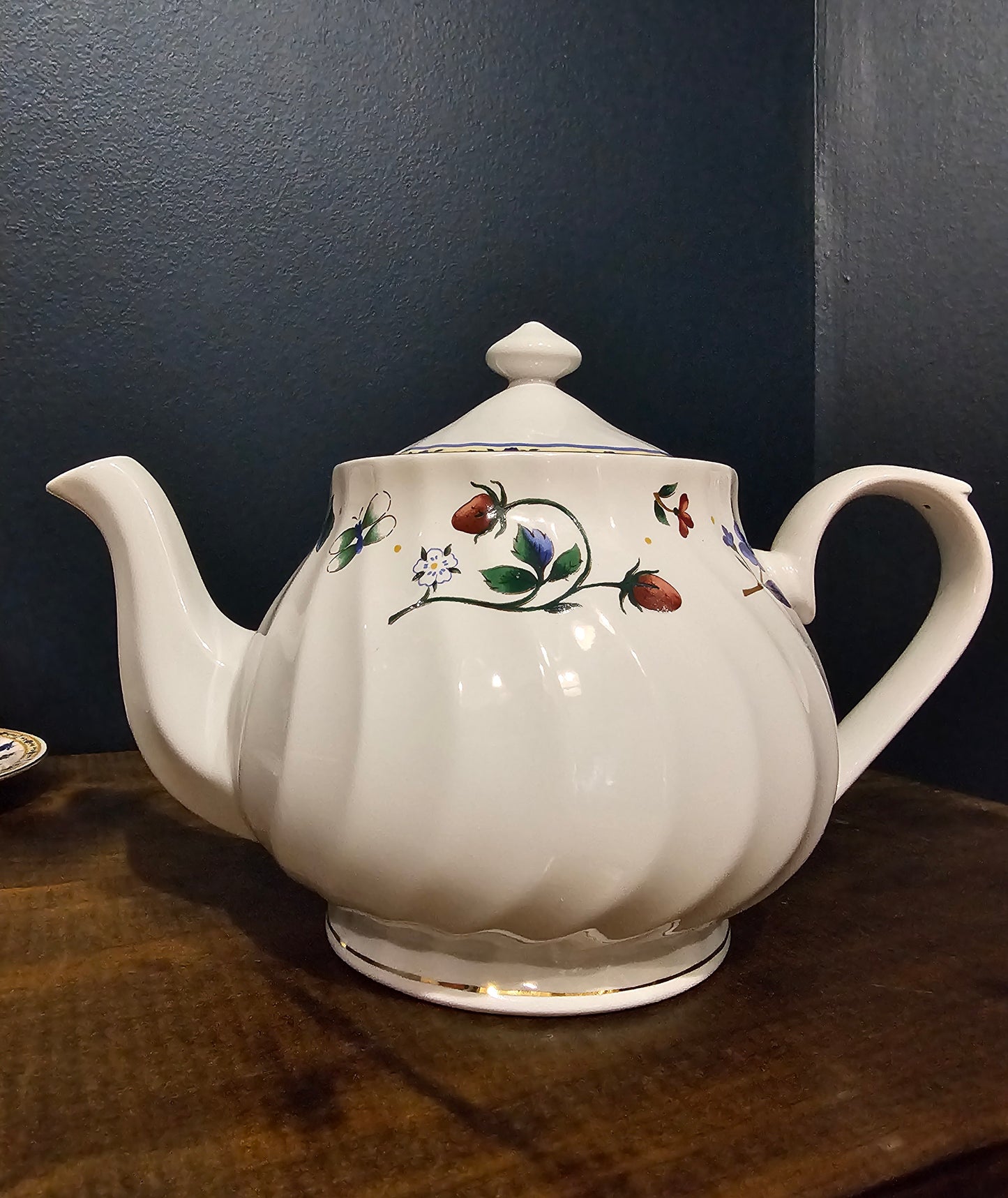 Vintage Teapot, Teacup, Saucer and Spoon with Strawberry Vine