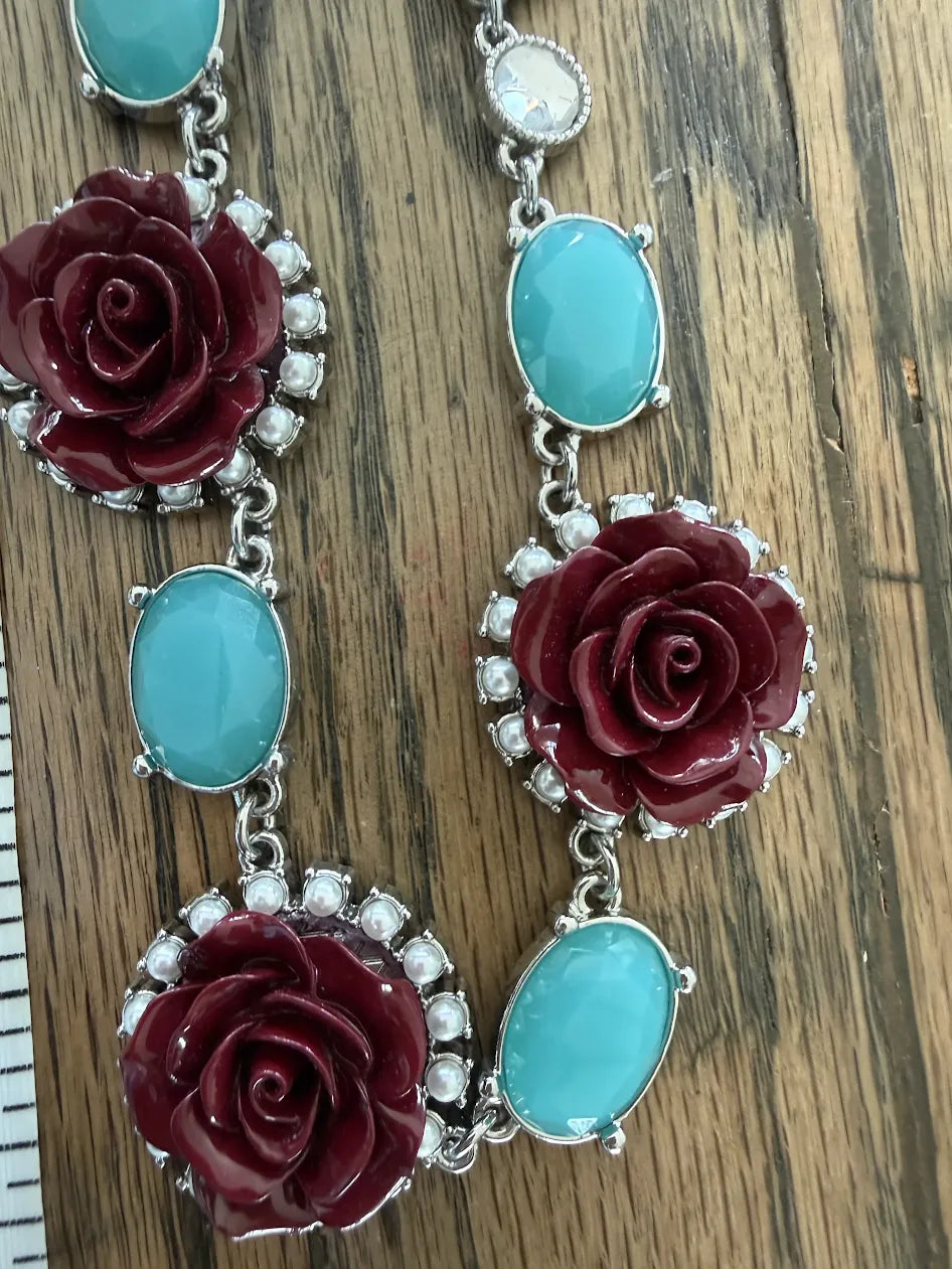 Lia Sophia Roses and Teal Stone Statement Adjustable Necklace, 18"-20"