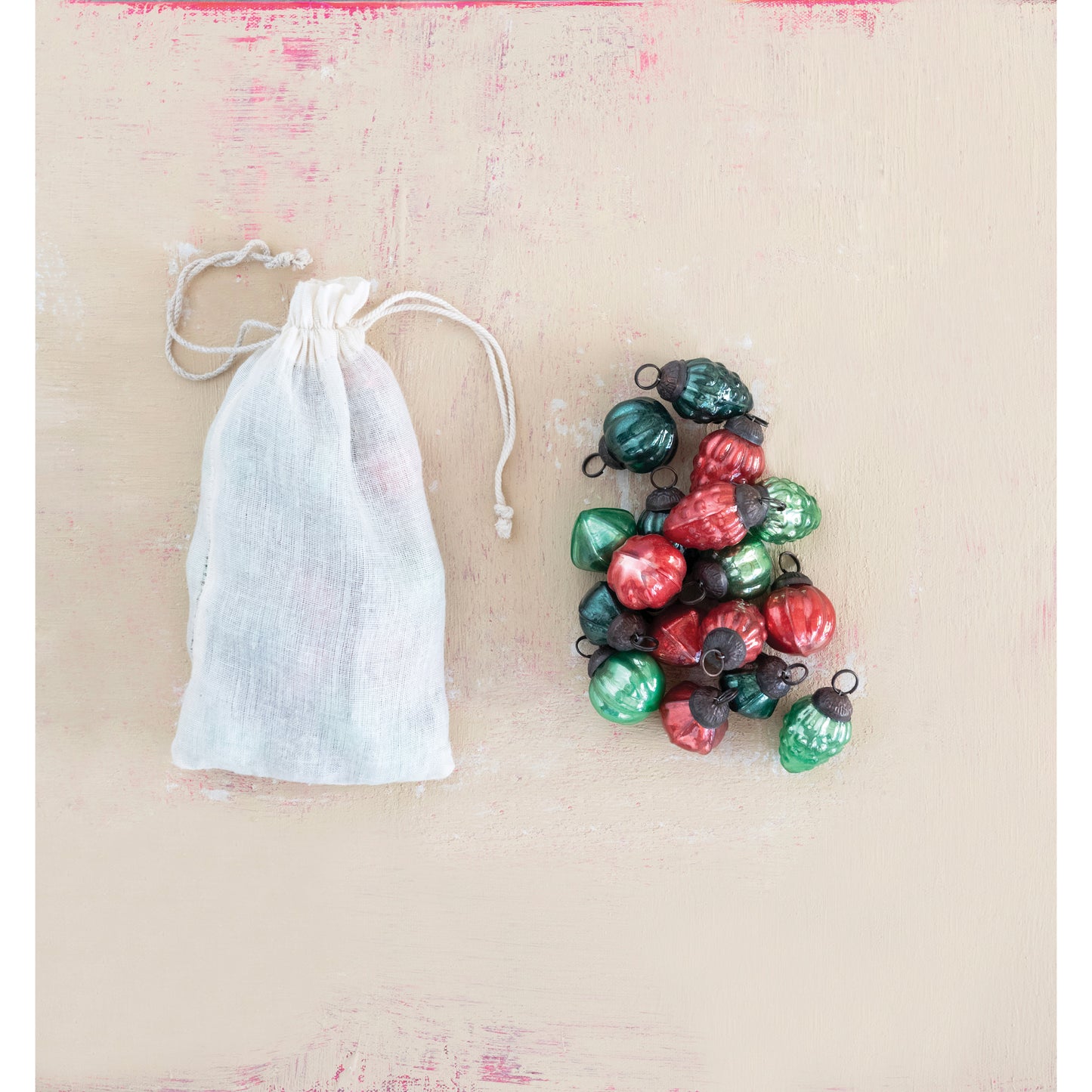 Holiday Bag of Glass Ornaments, Red and Greens