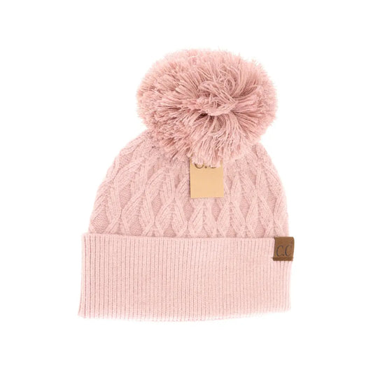 C.C Beanie, Pom-Lurex Cable Knit, Rose/Rose Metallic