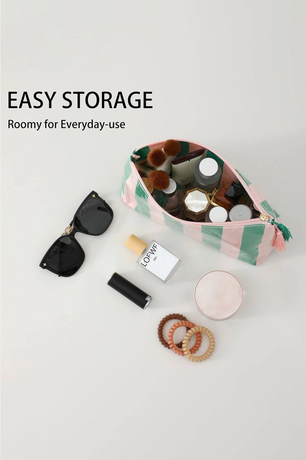 Makeup Bag, Striped Green and Pink