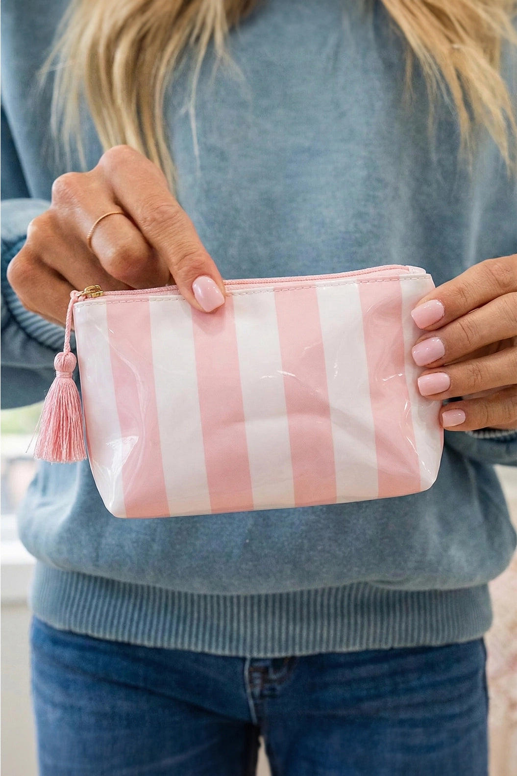 Makeup Bag, Striped Pink and White
