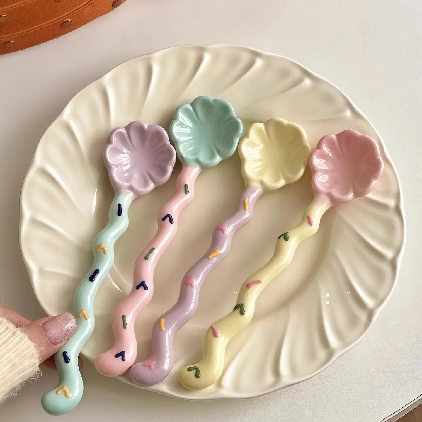 Whimsical Wavy Handle Flower Ceramic Dessert Spoon Set of 4