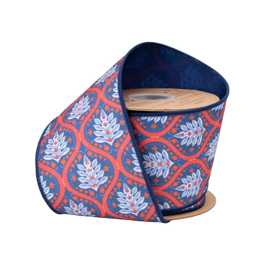 4" Wired Dupioni Ribbon | Red/White/Blue Flame w/ Blue Backing | 10 Yard Roll