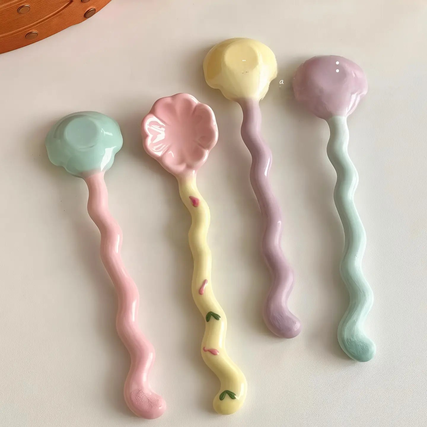 Whimsical Wavy Handle Flower Ceramic Dessert Spoon Set of 4