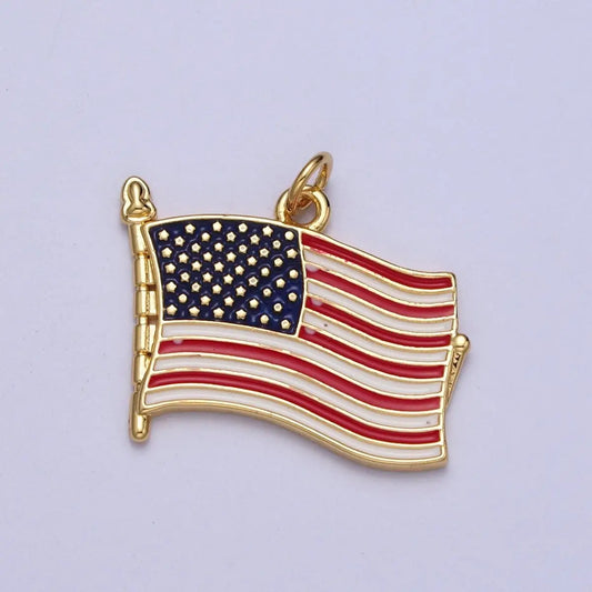 Charm, Gold Filled Enamel Waving American Flag