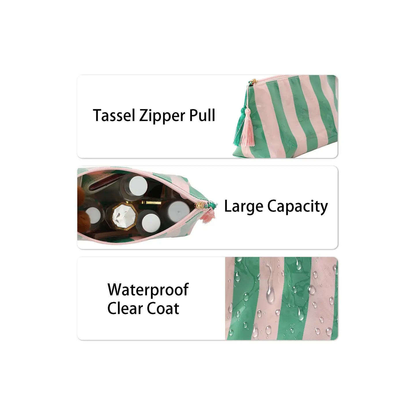 Makeup Bag, Striped Green and Pink