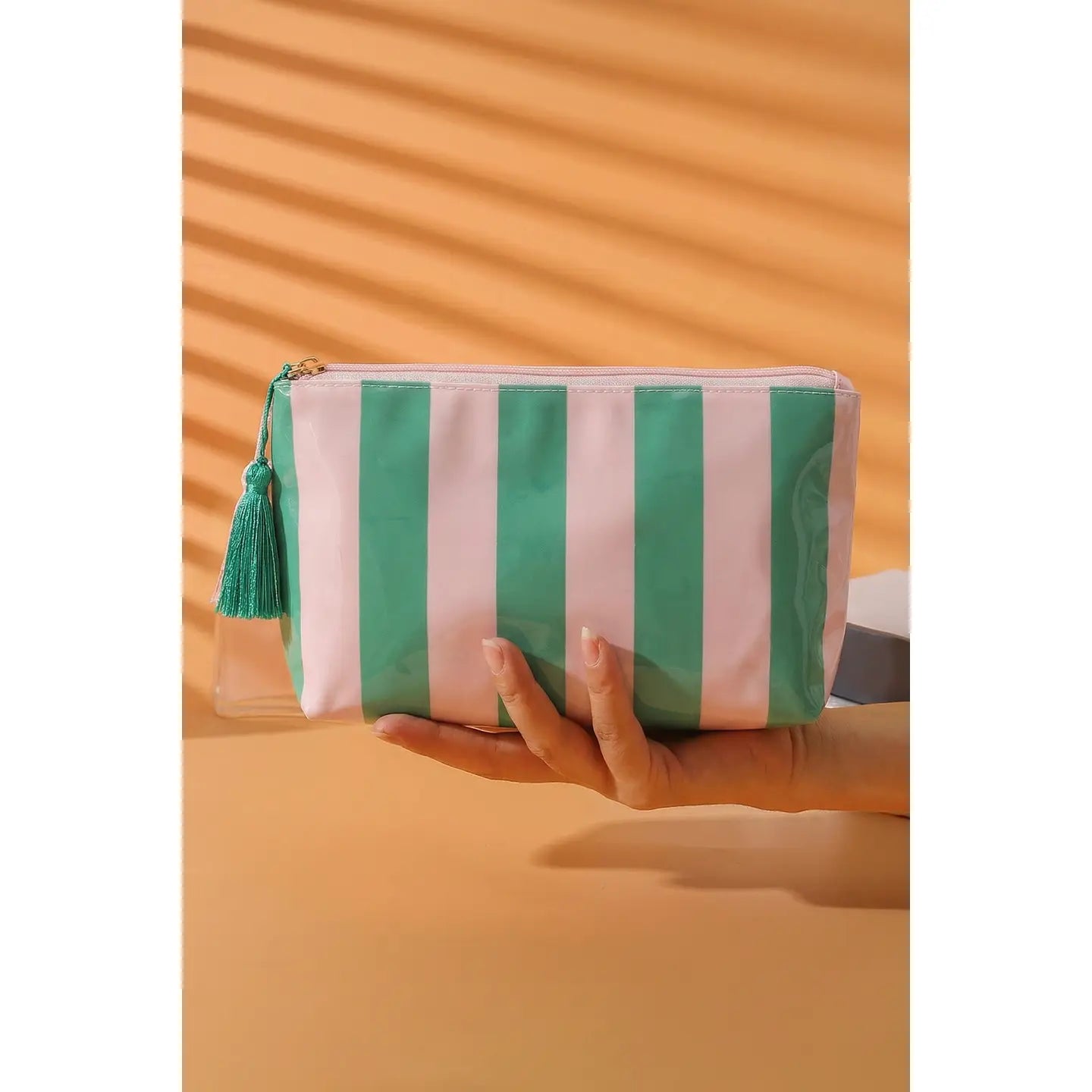 Makeup Bag, Striped Green and Pink