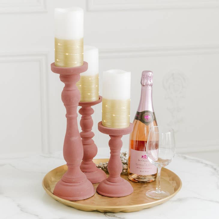 3-Piece Tiered Velvet Spindle Candle Holder Set - Blush Pink