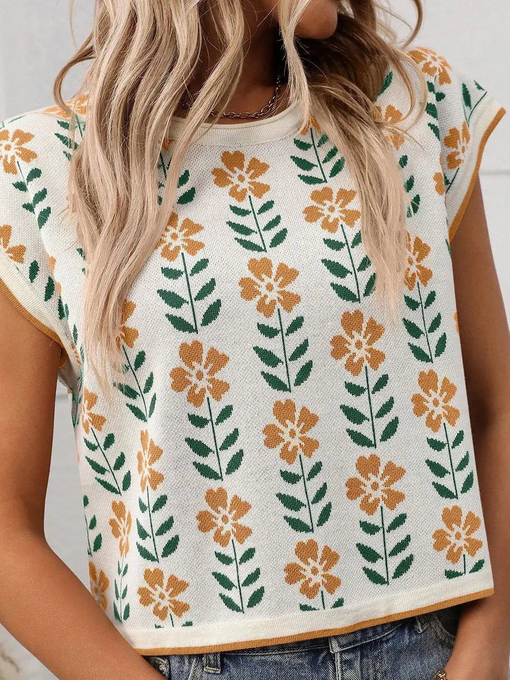 Retro Floral Knit Crop Top Short Sleeve Vintage Pullover Tee