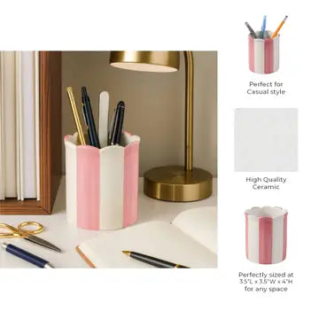 Pencil Cup, Pink/Ivory Striped Scallop