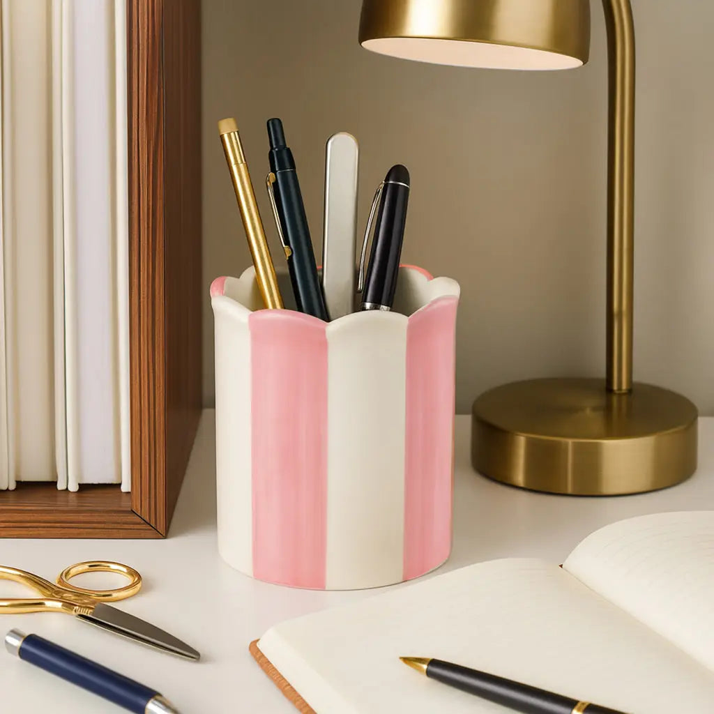 Pencil Cup, Pink/Ivory Striped Scallop