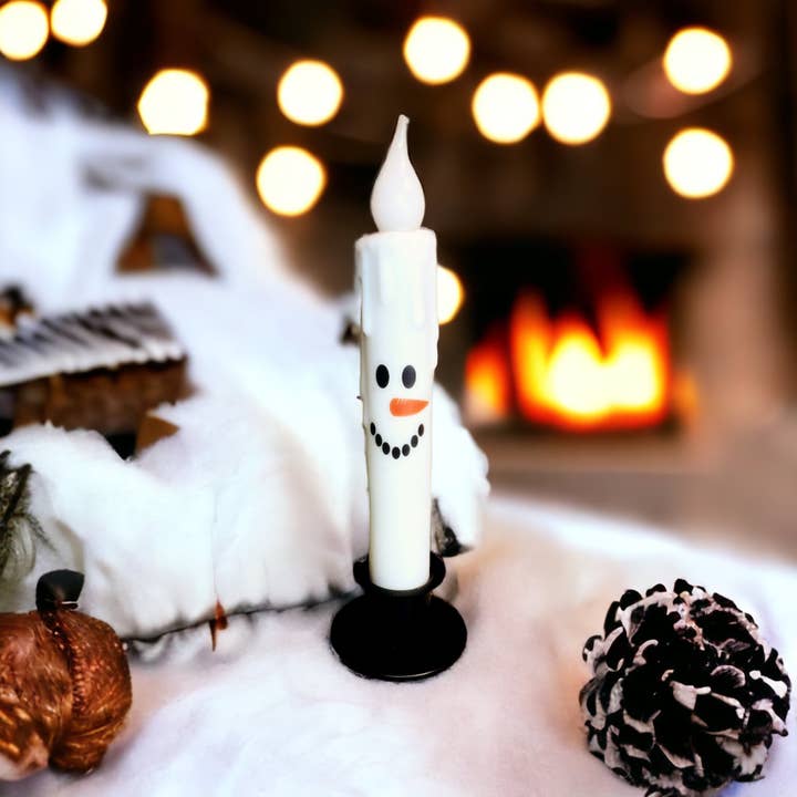 Snowman Face Christmas Battery Operated Timer Taper Candles