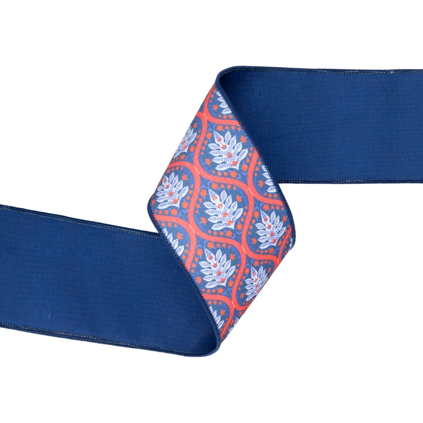4" Wired Dupioni Ribbon | Red/White/Blue Flame w/ Blue Backing | 10 Yard Roll