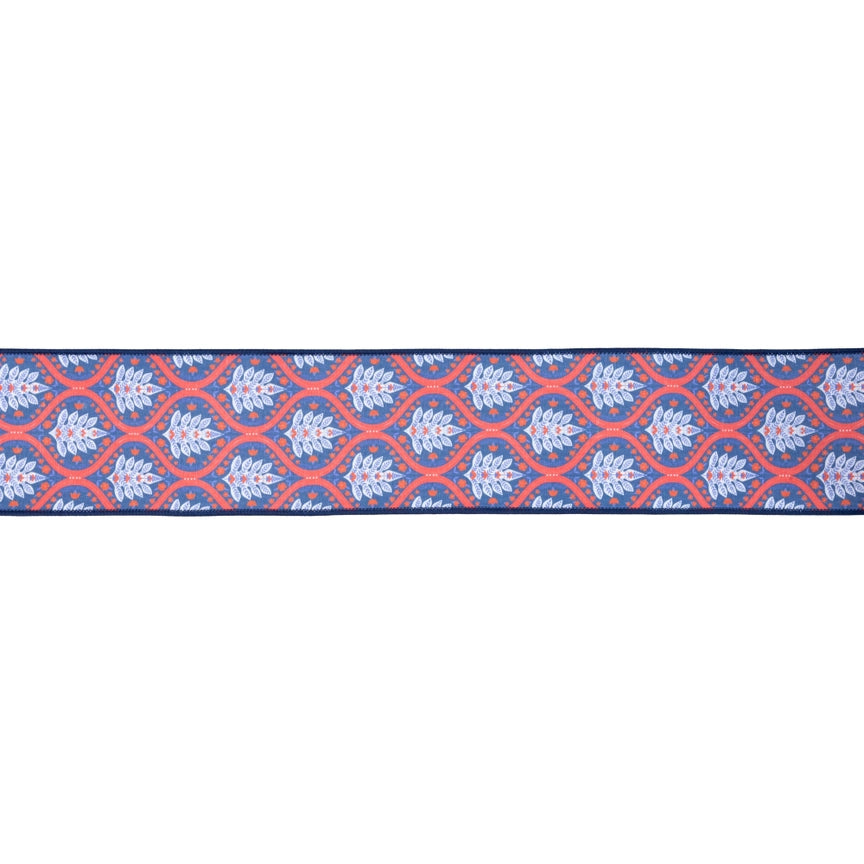 4" Wired Dupioni Ribbon | Red/White/Blue Flame w/ Blue Backing | 10 Yard Roll