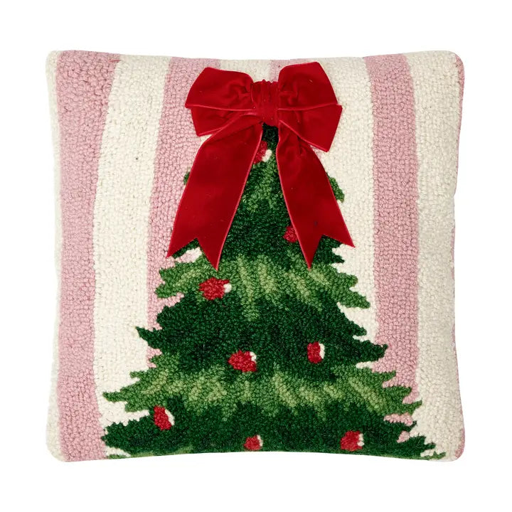 Holiday Pillow, Pink Stripe Tree W/Ribbon Hook