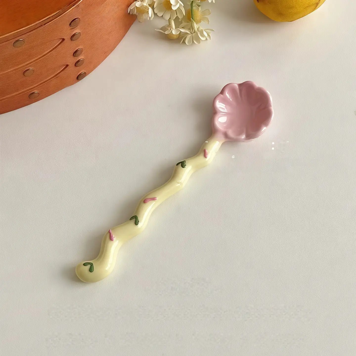Whimsical Wavy Handle Flower Ceramic Dessert Spoon Set of 4