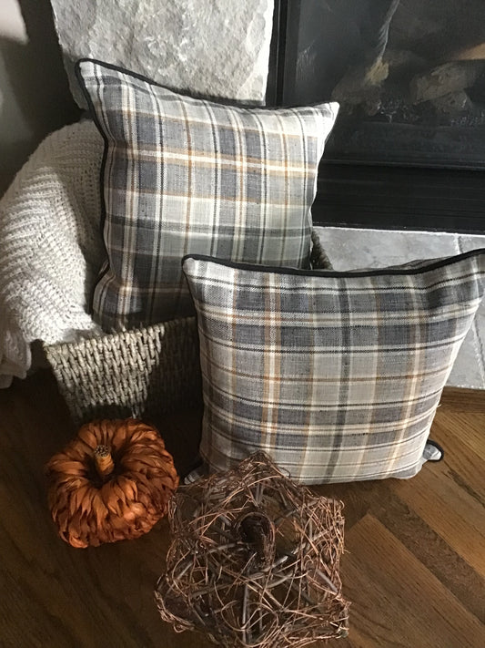 Pillow, Grey and Beige Plaid, Down-Filled, Handmade