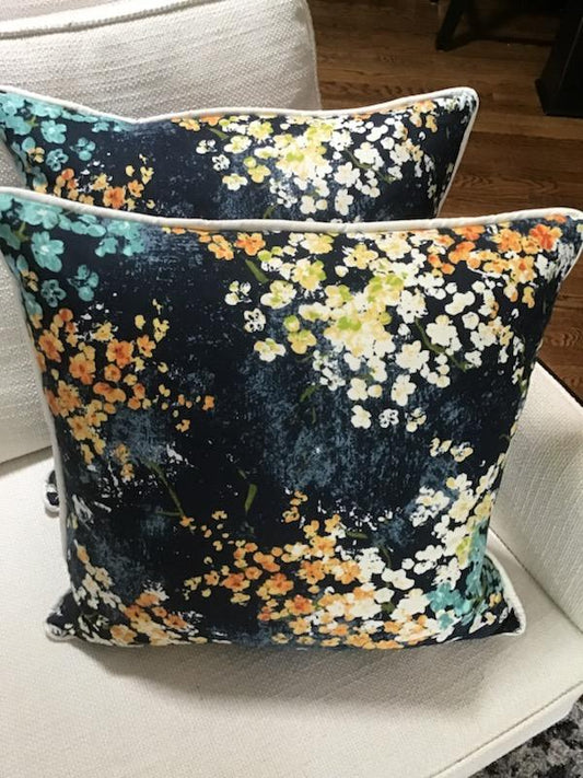 Pillow, Navy and Floral, Feather Filled, Handmade