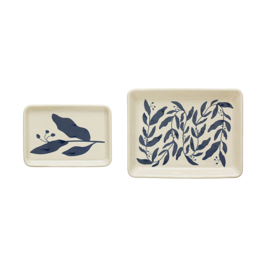 Stoneware Plates w/ Botanicals, Blue & Cream Color