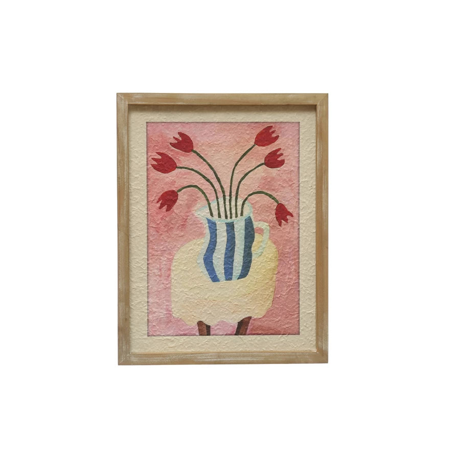 Wood Framed Textured Paper Wall DÃcor w/ Flowers in Vase