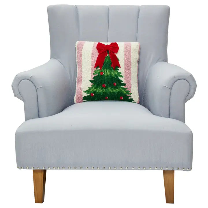 Holiday Pillow, Pink Stripe Tree W/Ribbon Hook