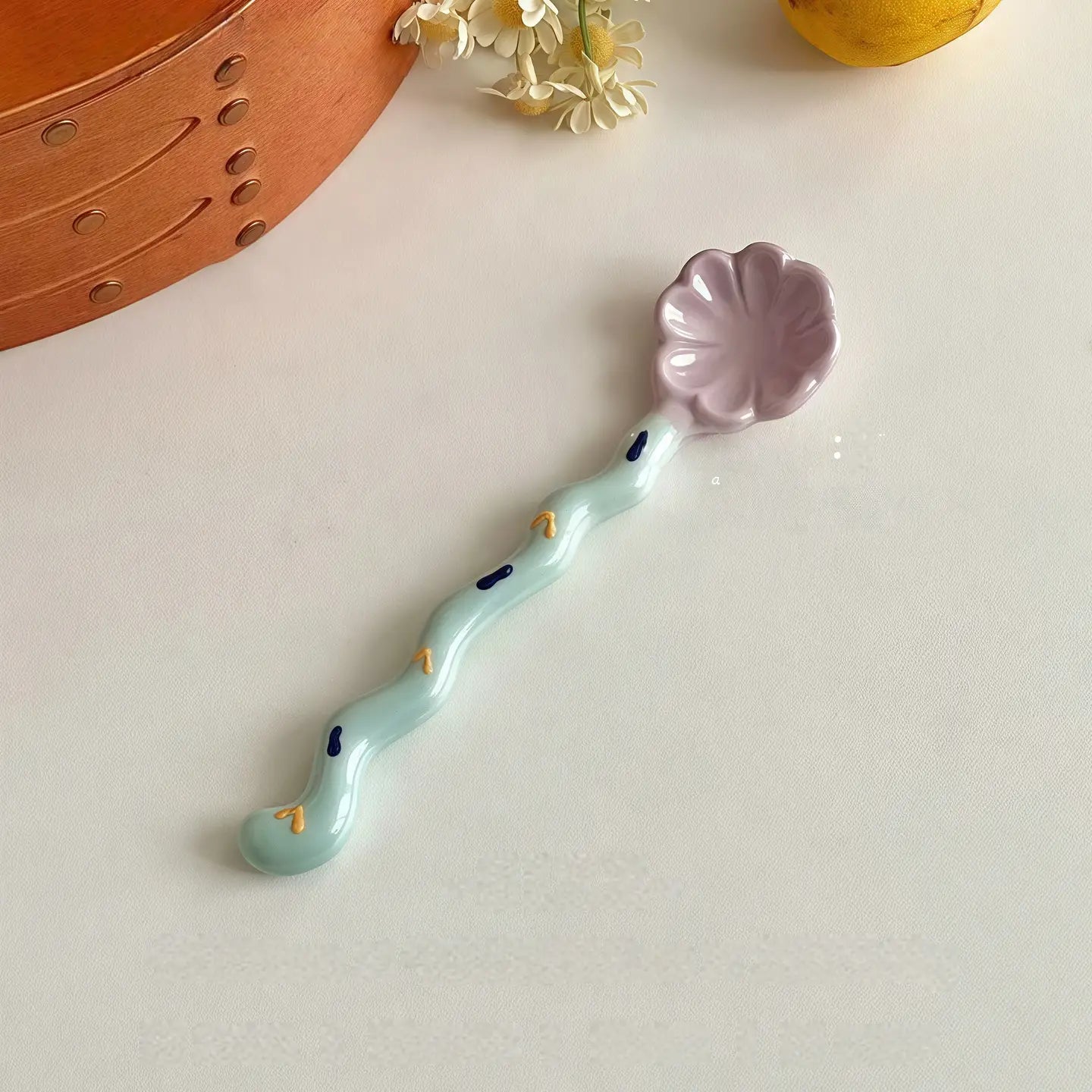 Whimsical Wavy Handle Flower Ceramic Dessert Spoon Set of 4