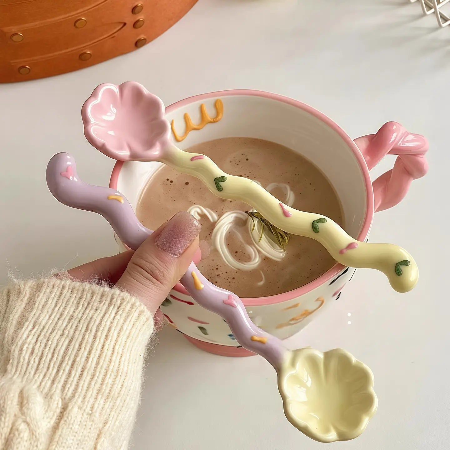 Whimsical Wavy Handle Flower Ceramic Dessert Spoon Set of 4