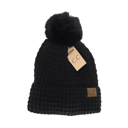 C.C Beanie, Pom-Waffle Knit Faux Fur, Black