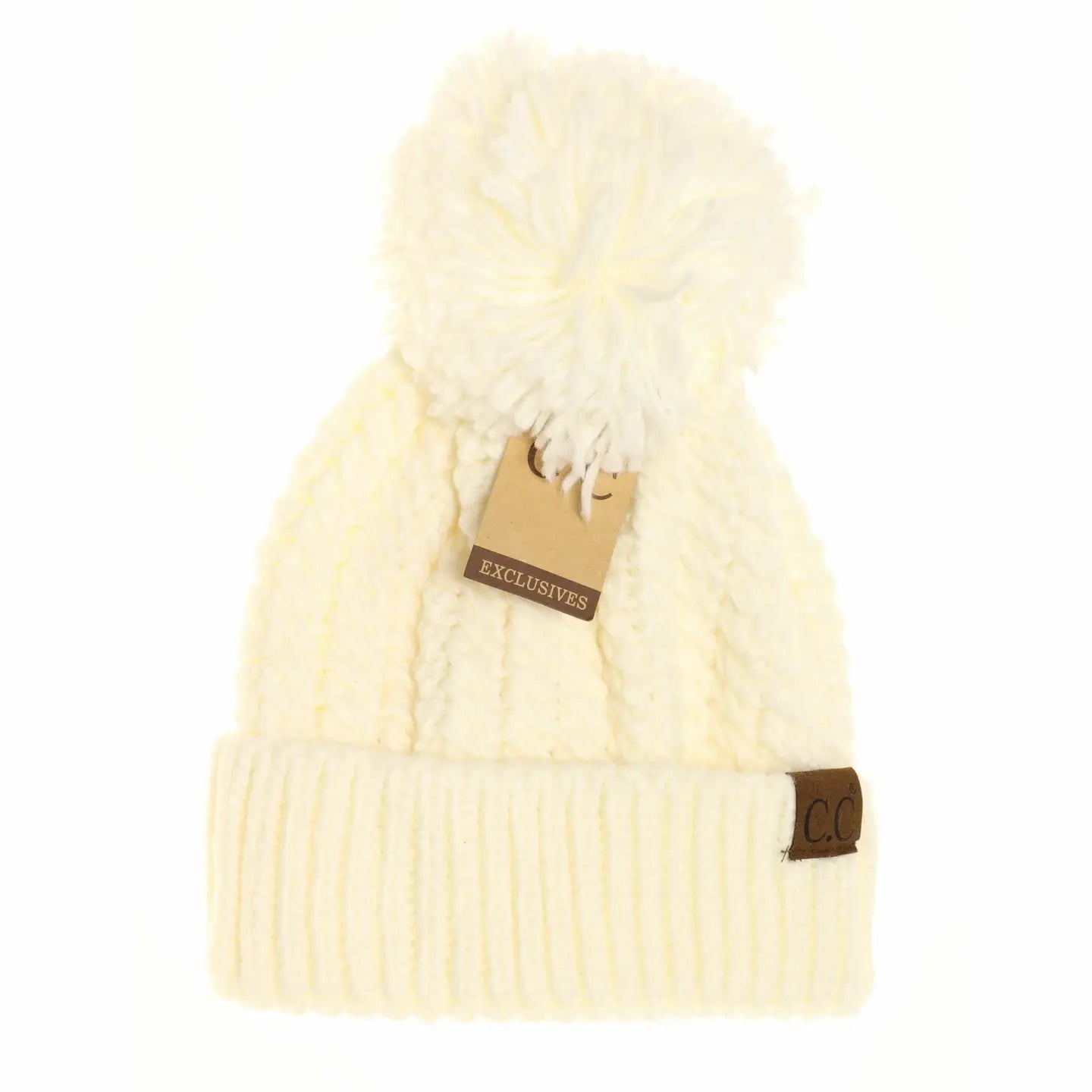 C.C Beanie, Pom-Twisted Mock Cable Knit, Ivory