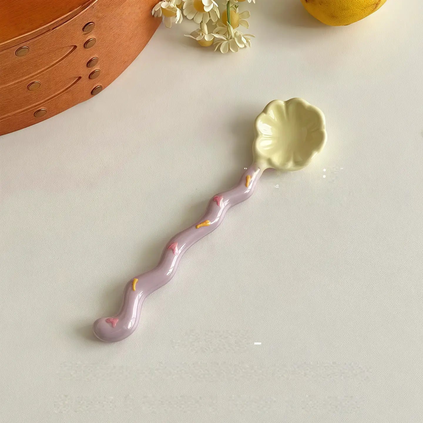 Whimsical Wavy Handle Flower Ceramic Dessert Spoon Set of 4