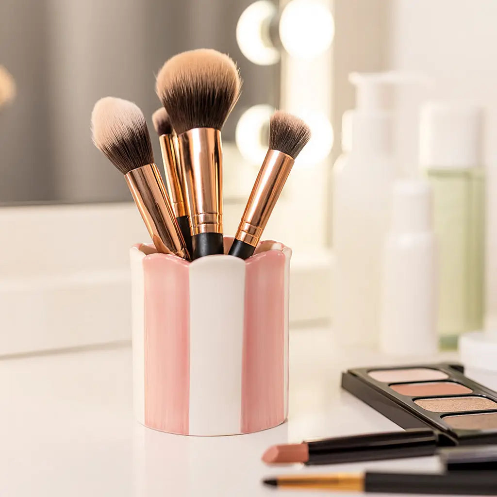 Pencil Cup, Pink/Ivory Striped Scallop